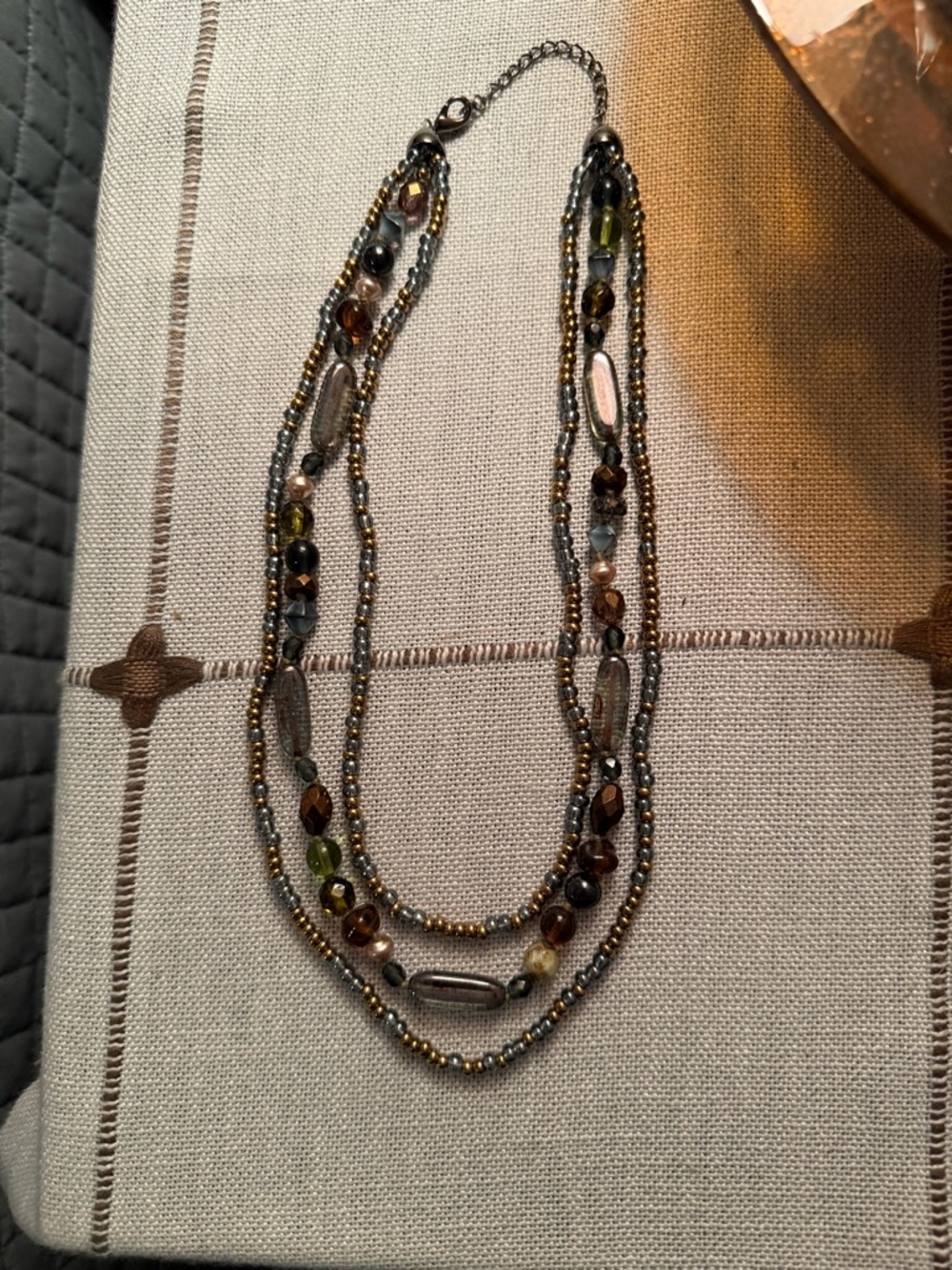 Multi-Strand Glass Bead Necklace in Brown & Olive